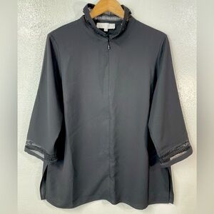 Misook Professional Jacket Top Medium Zip Front Openwork Trim Career Travel